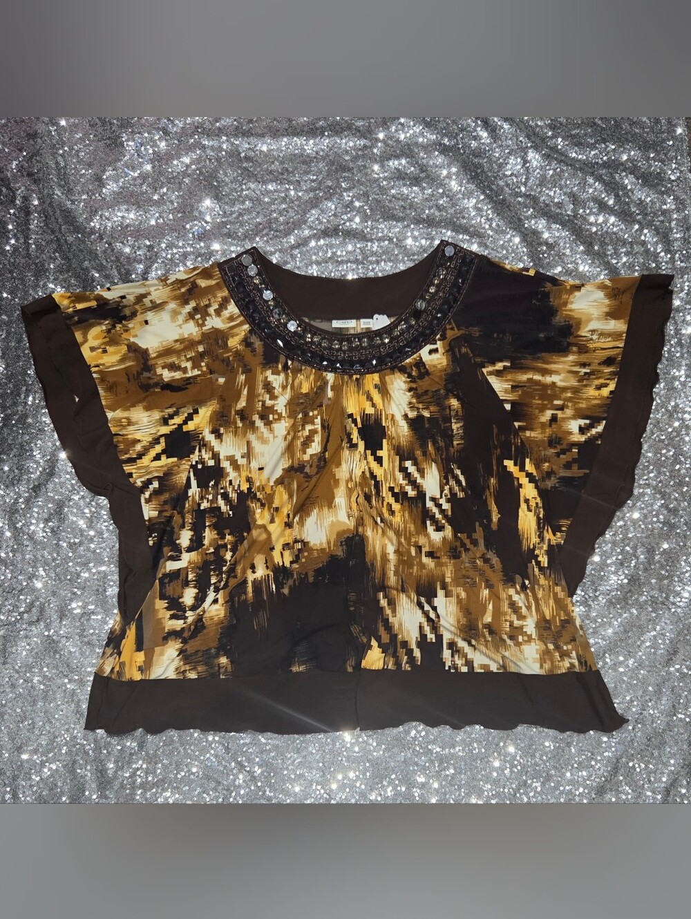 Cato Brown & Gold Printed Short Sleeve Top with Beaded Neckline
